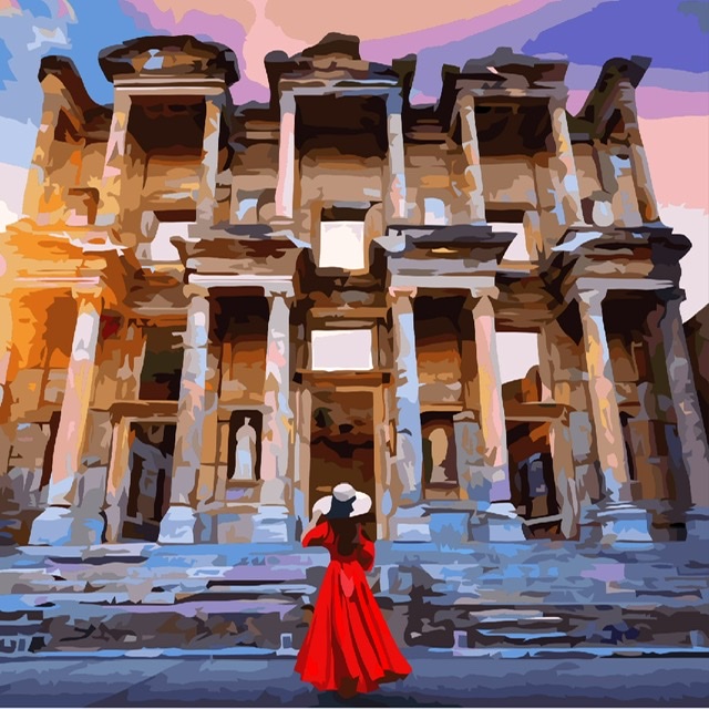 Painting of a woman at a ruins